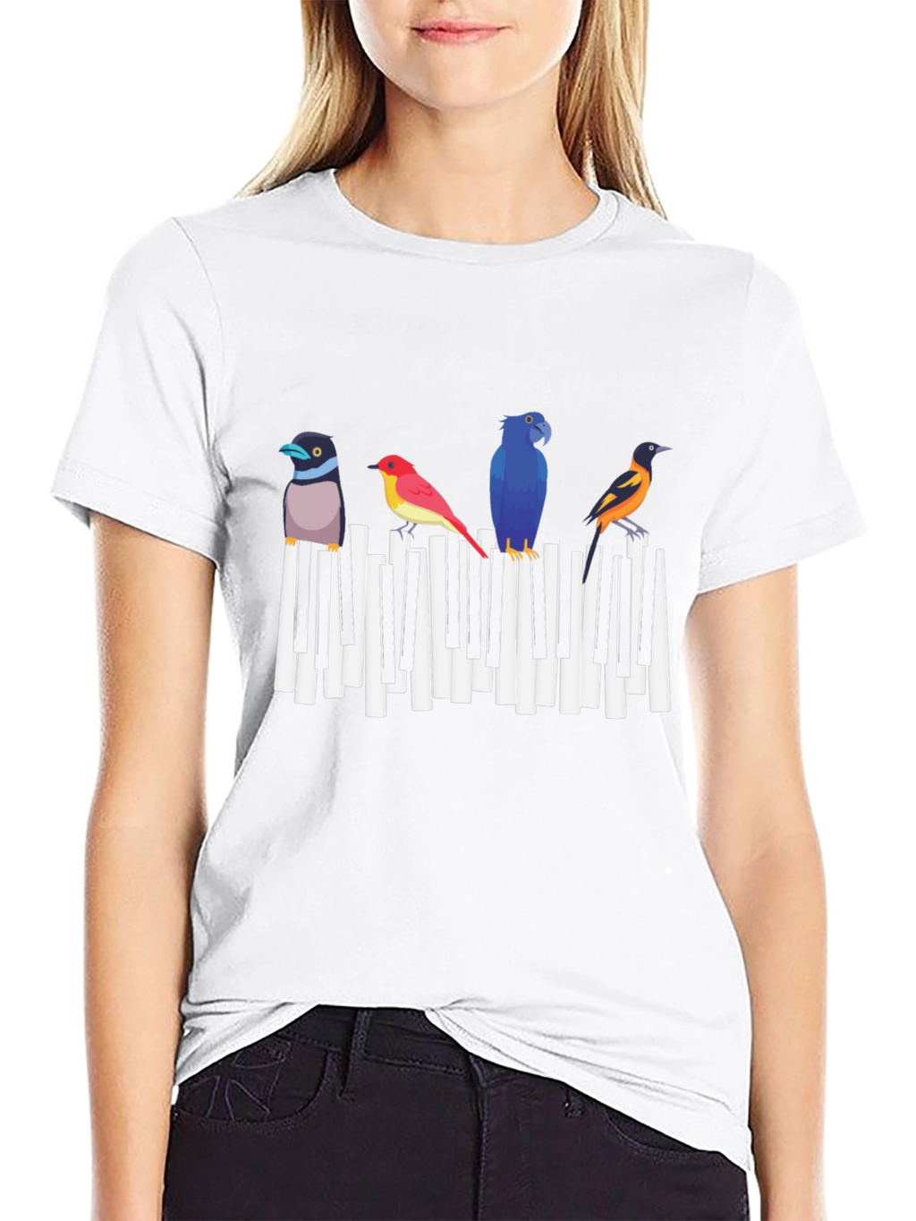 Musical Birds Graphic Tee - Black Cotton T-Shirt