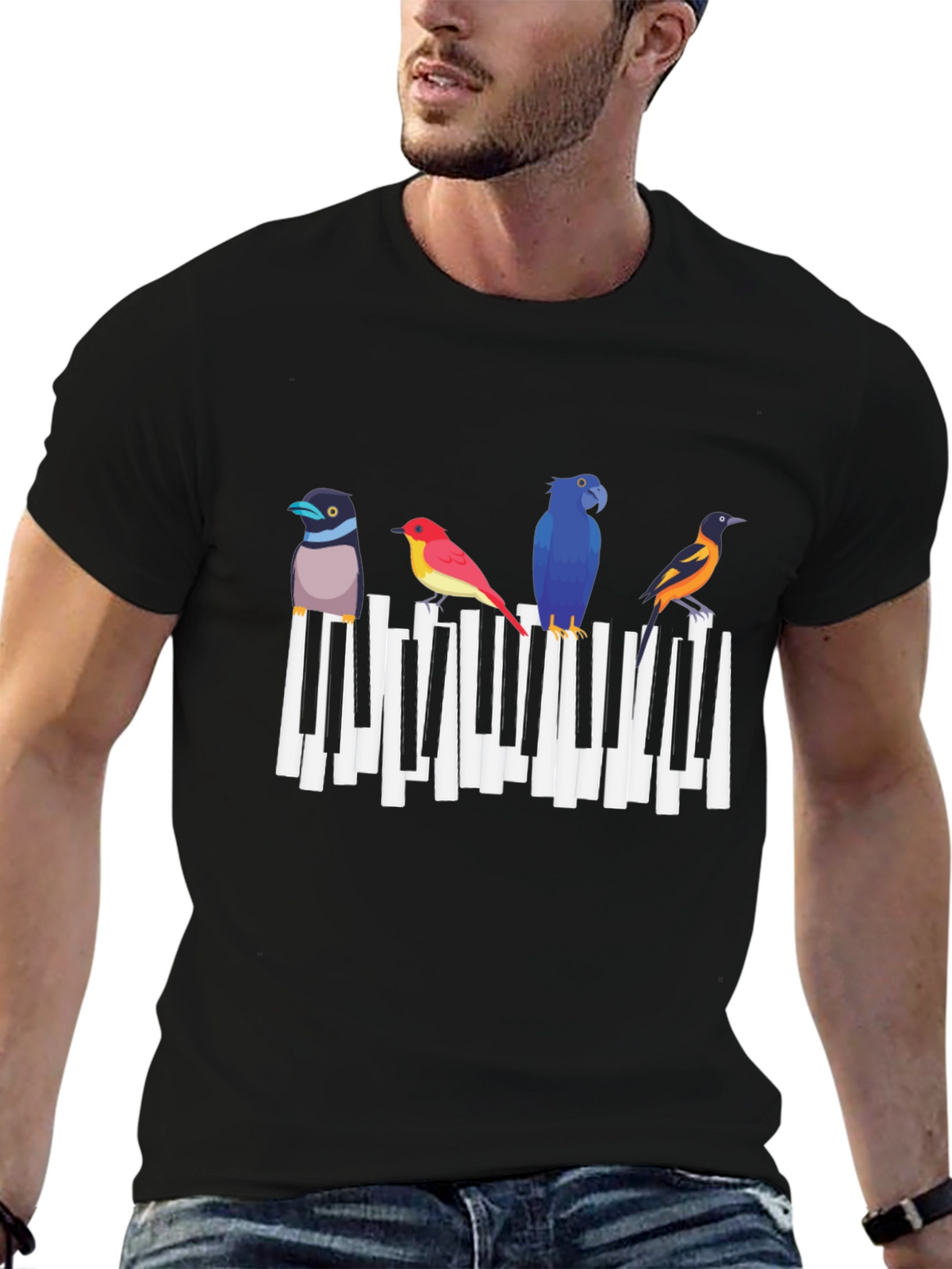 Musical Birds Graphic Tee - Black Cotton T-Shirt