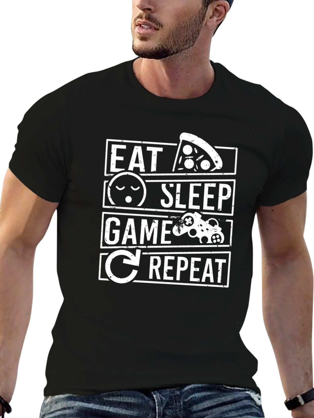 Eat Sleep Game Repeat Black Graphic T-Shirt