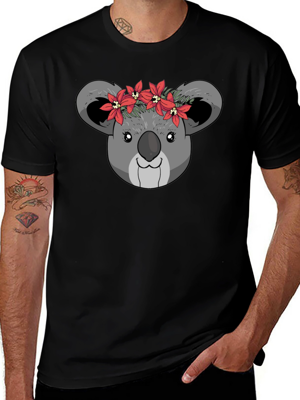 Koala Bear Flower Crown Black T-Shirt