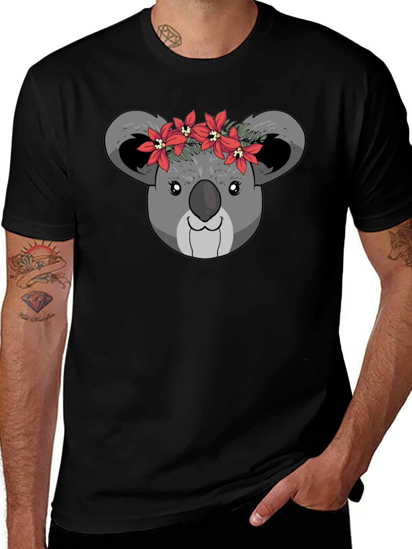 Koala Bear Flower Crown Black T-Shirt