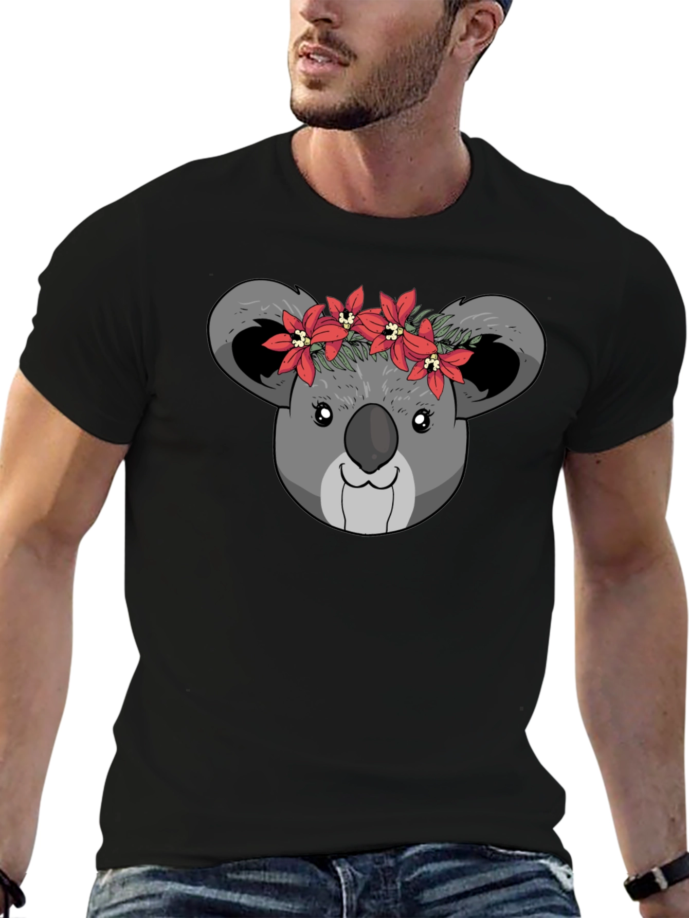 Koala Bear Flower Crown Black T-Shirt