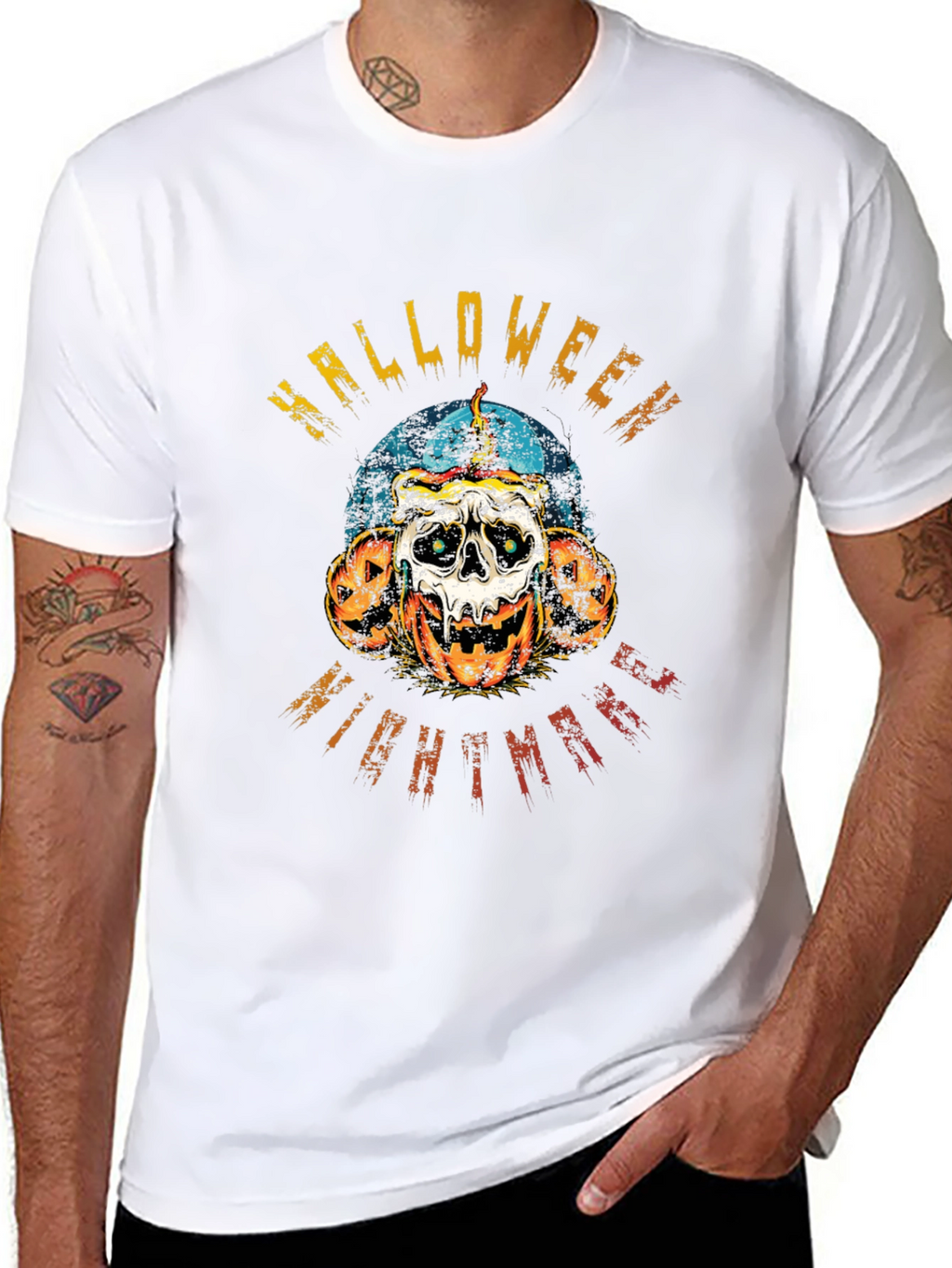 Halloween Nightmare Graphic Tee - Skull & Pumpkins