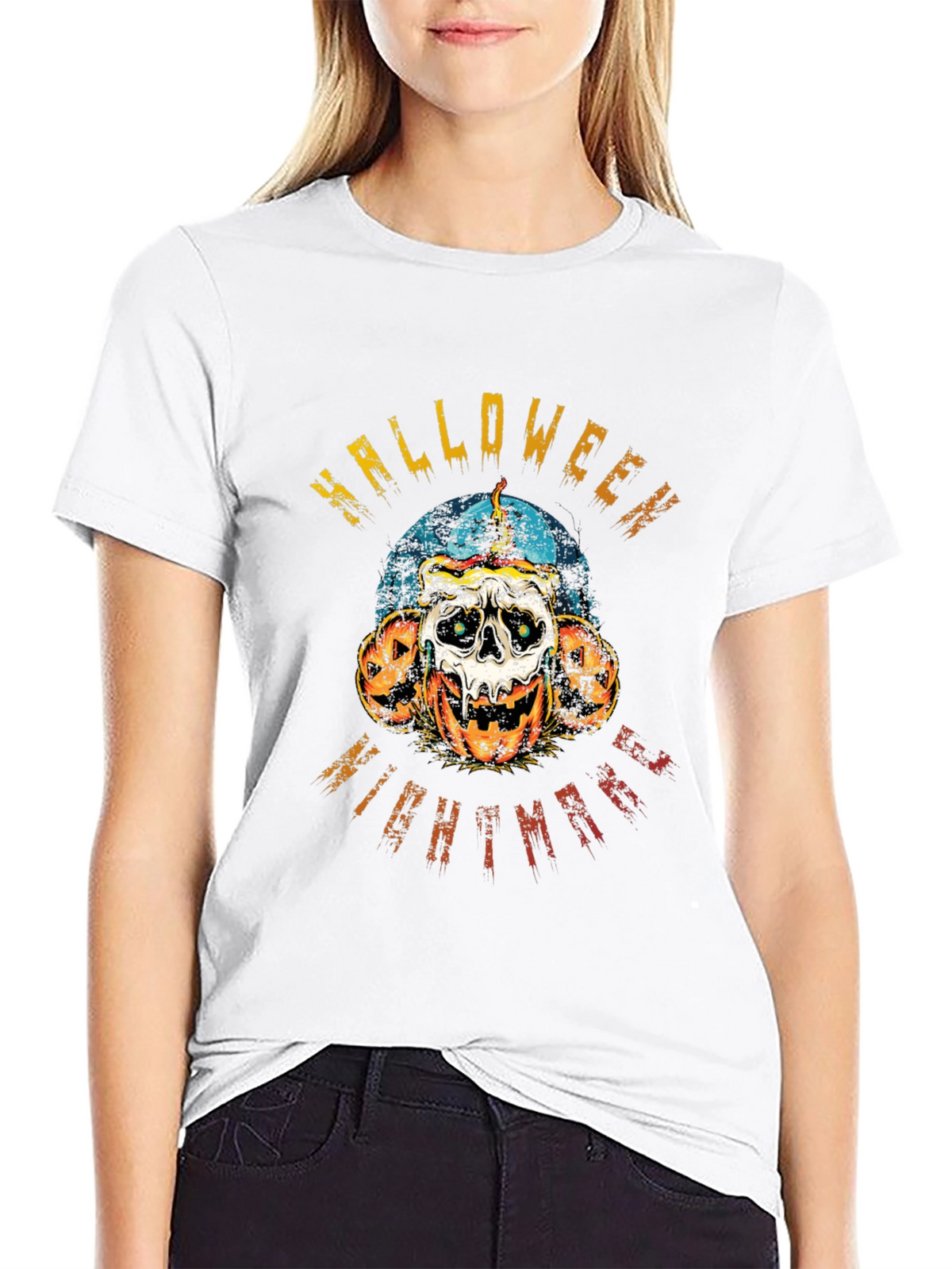 Halloween Nightmare Graphic Tee - Skull & Pumpkins