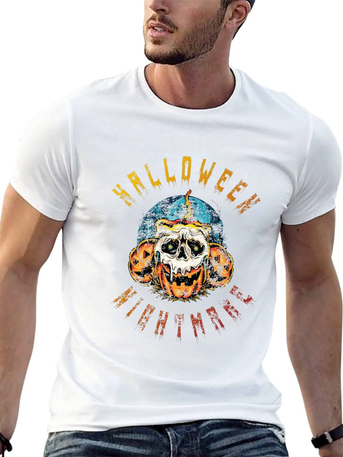 Halloween Nightmare Graphic Tee - Skull & Pumpkins