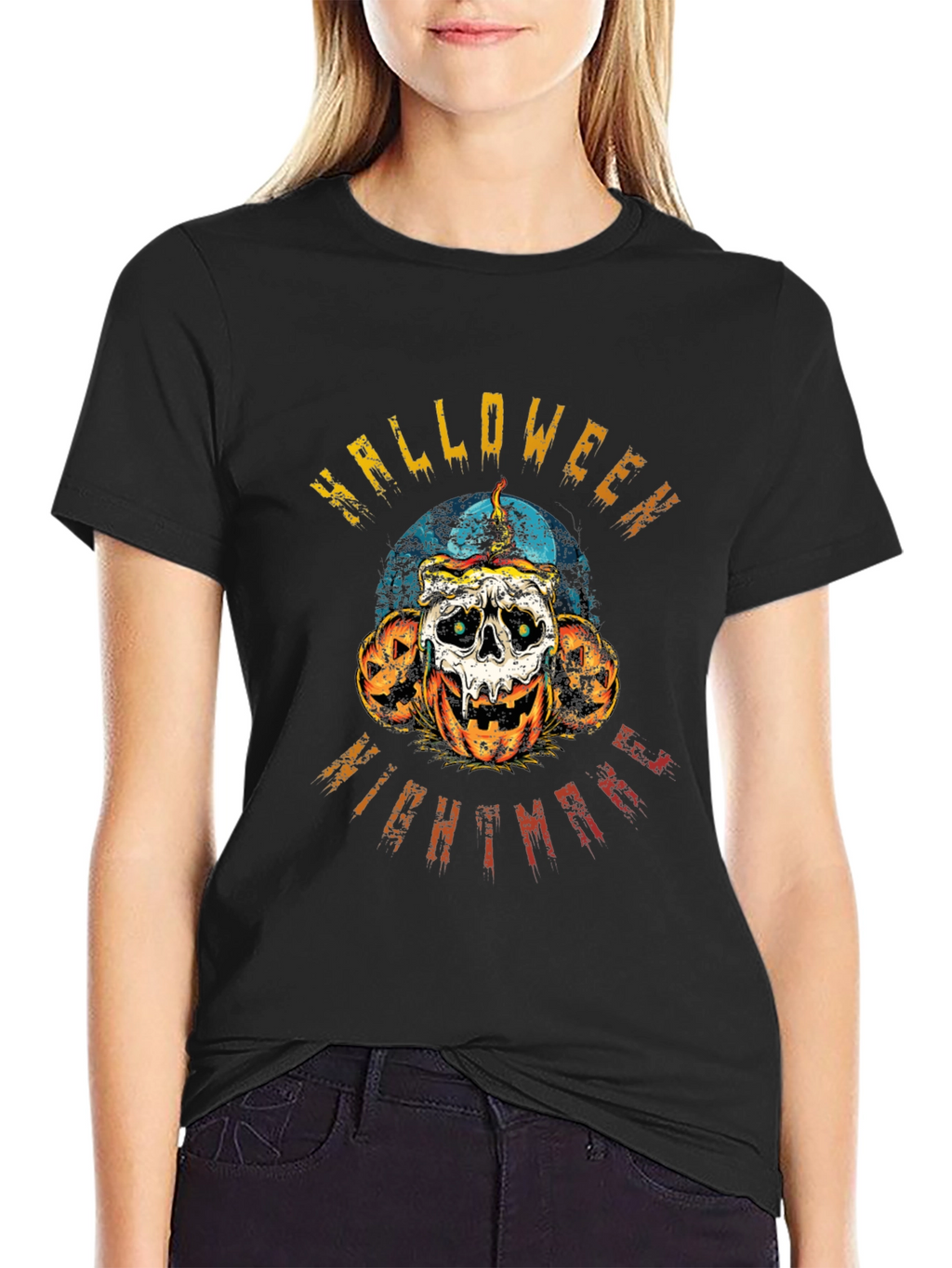 Halloween Nightmare Graphic Tee - Skull & Pumpkins