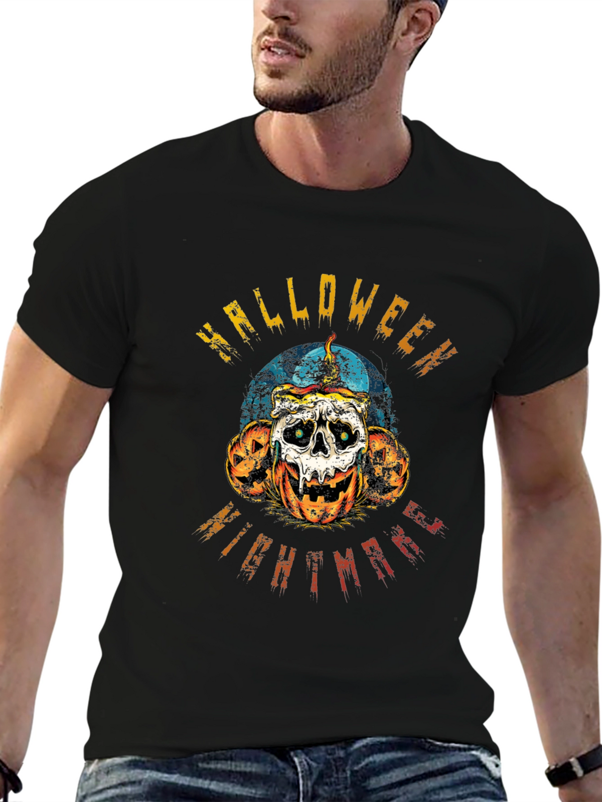 Halloween Nightmare Graphic Tee - Skull & Pumpkins