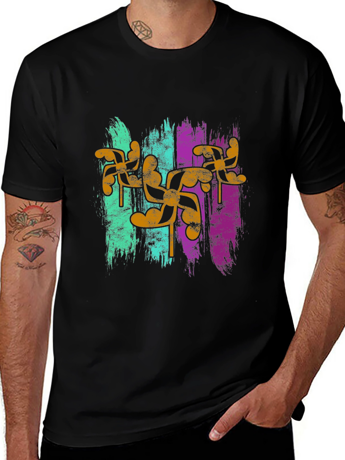Retro Pinwheel Graphic Tee - Black Cotton Blend