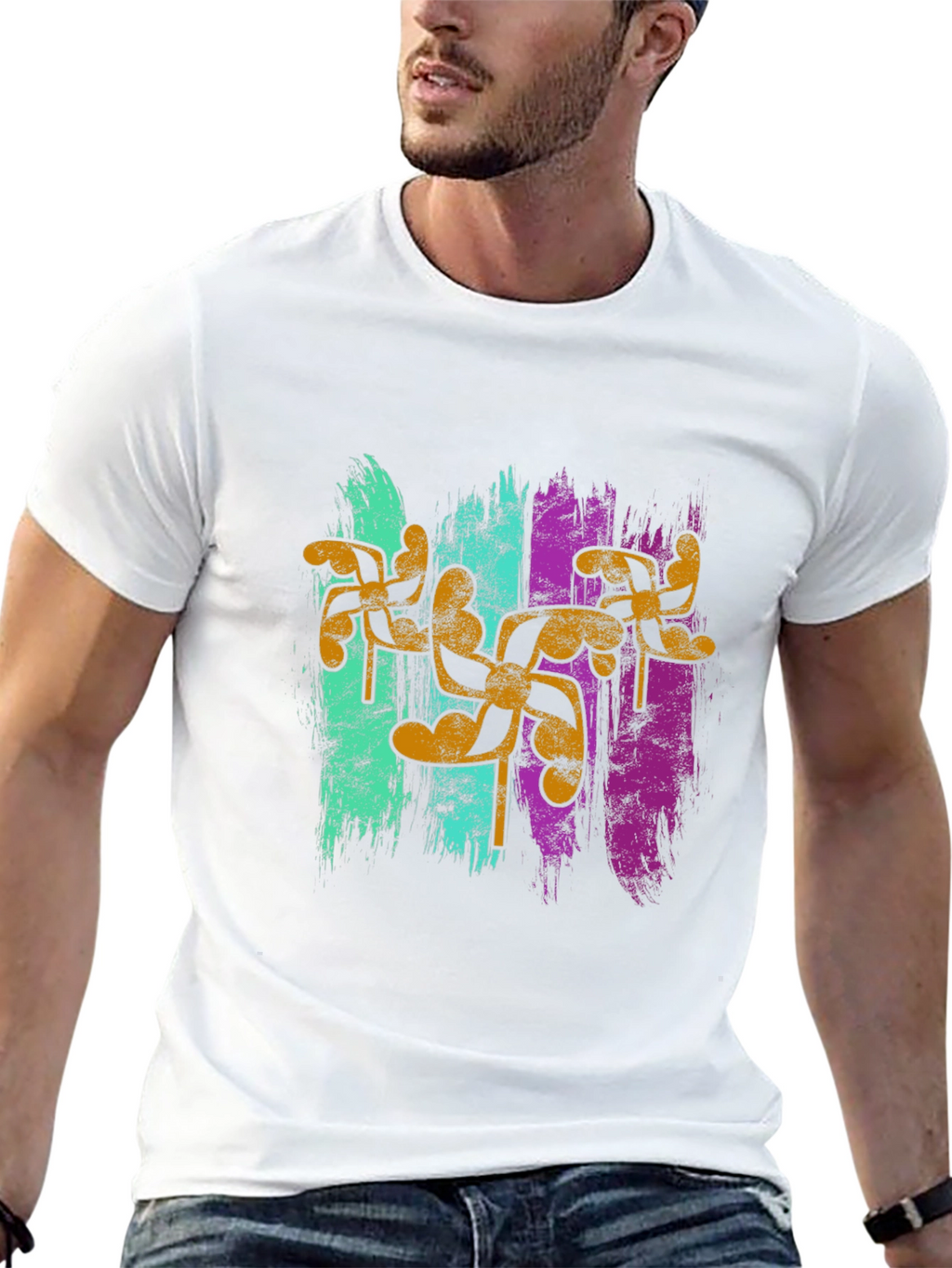 Retro Pinwheel Graphic Tee - Black Cotton Blend