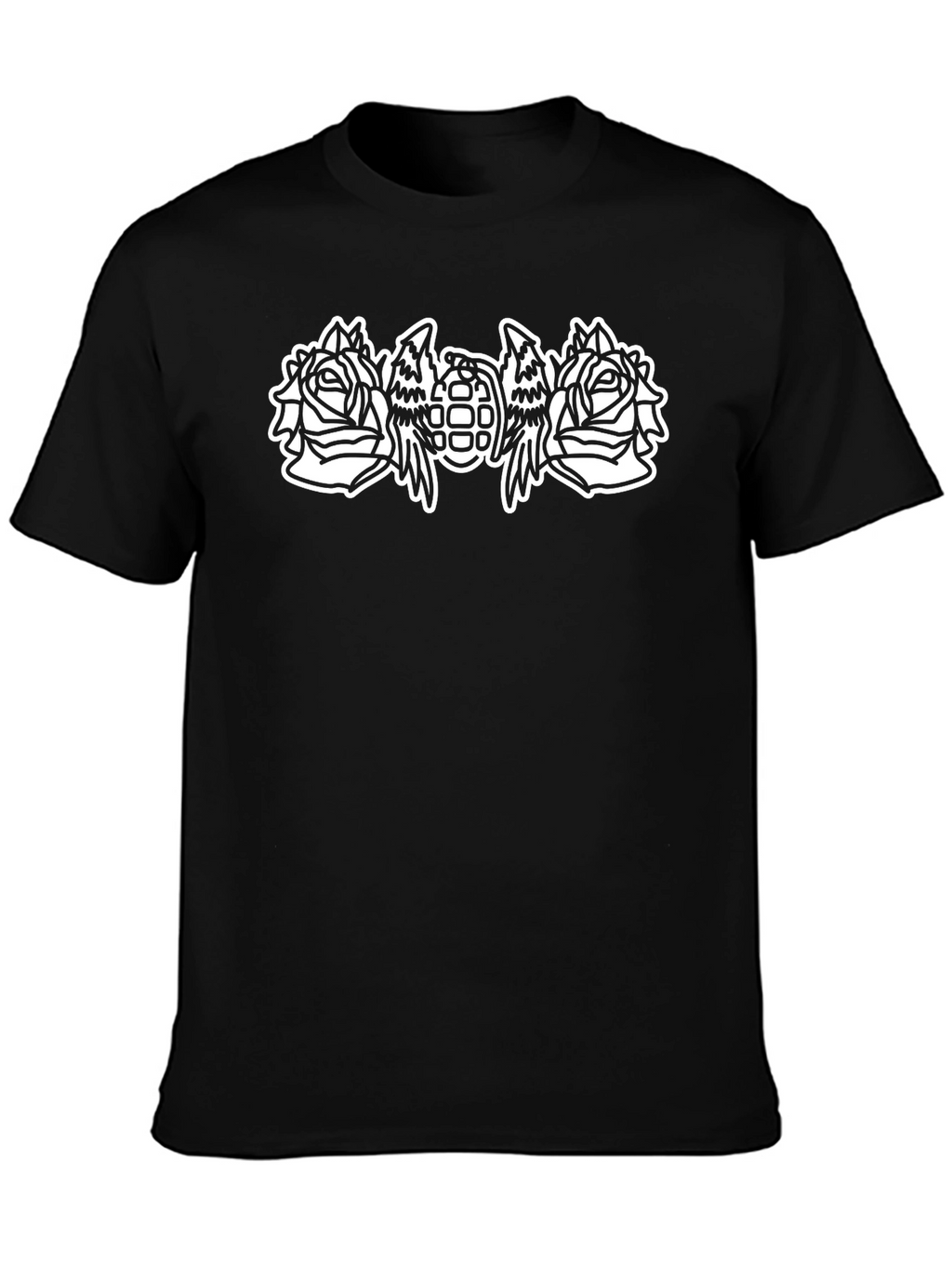 Black T-Shirt with Rose & Grenade Graphic