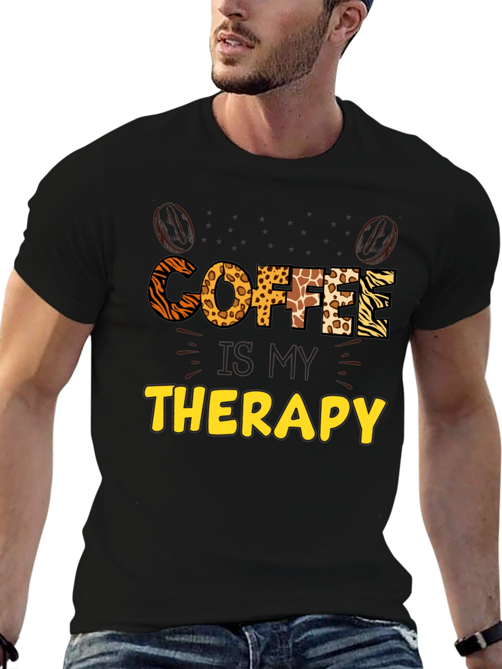 Coffee Therapy Graphic Tee - Animal Print Letters