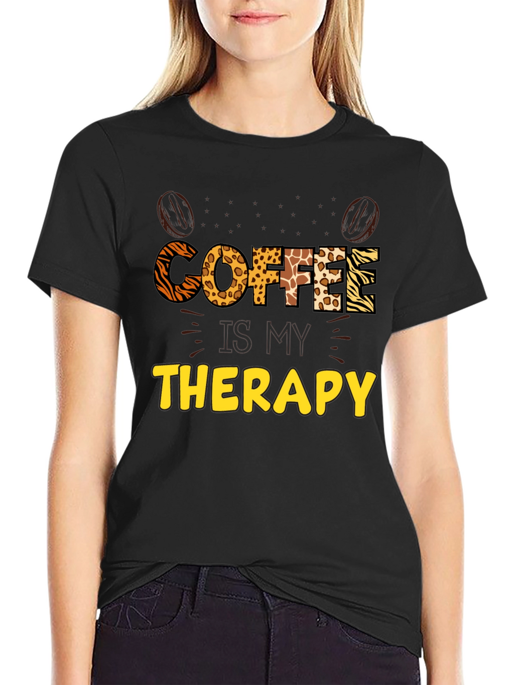 Coffee Therapy Graphic Tee - Animal Print Letters