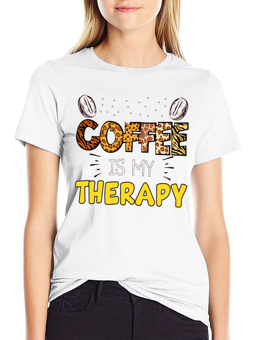 Coffee Therapy Graphic Tee - Animal Print Letters