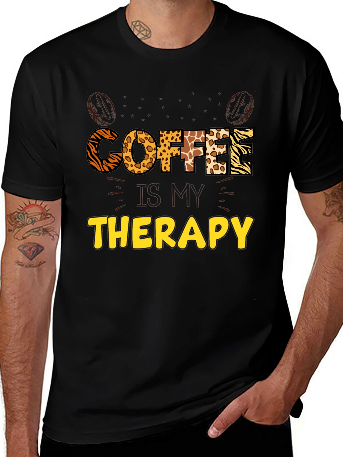Coffee Therapy Graphic Tee - Animal Print Letters