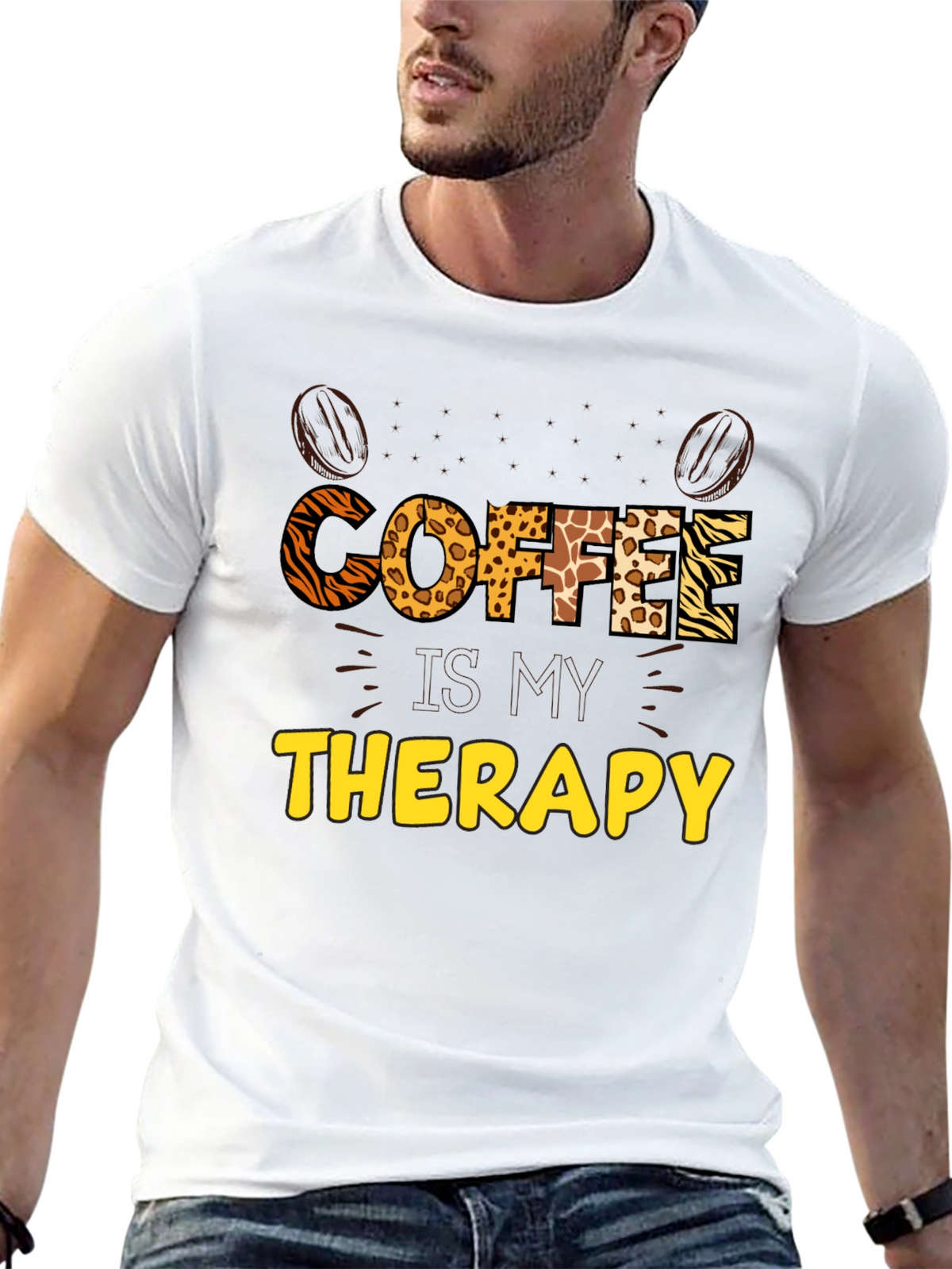Coffee Therapy Graphic Tee - Animal Print Letters
