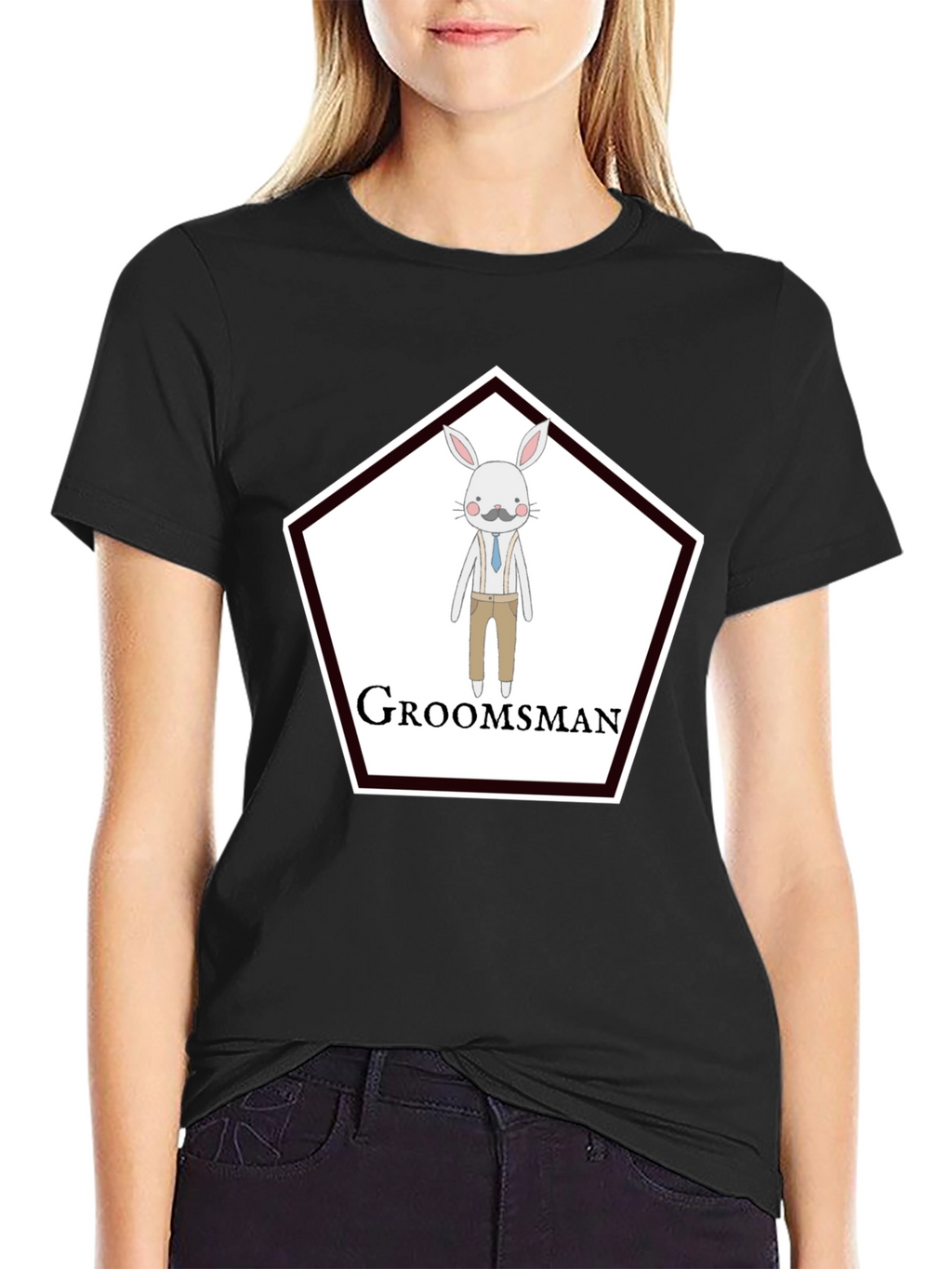 Groomsman Rabbit Graphic T-Shirt - Black Crew Neck