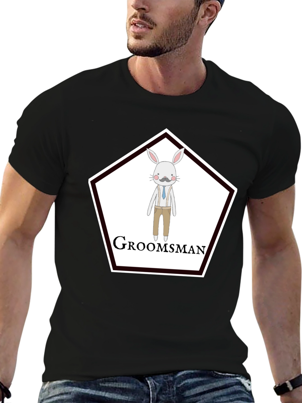 Groomsman Rabbit Graphic T-Shirt - Black Crew Neck