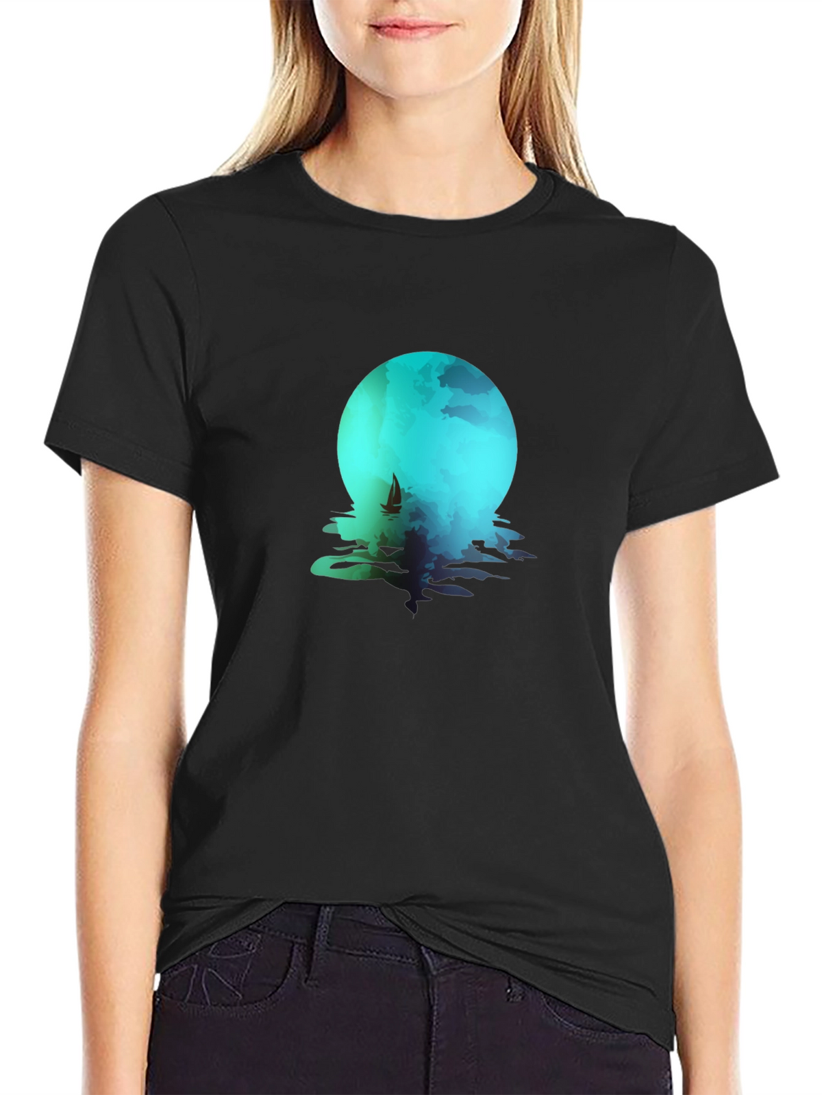 Moonlit Sailboat Graphic Tee - Black Cotton Blend