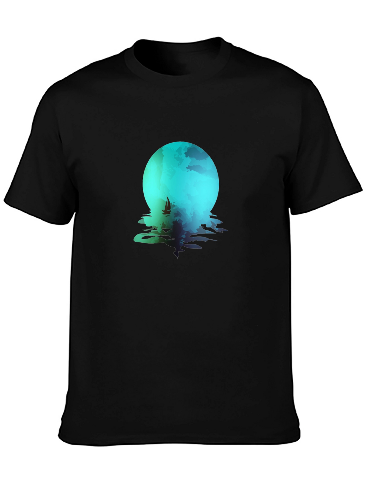 Moonlit Sailboat Graphic Tee - Black Cotton Blend