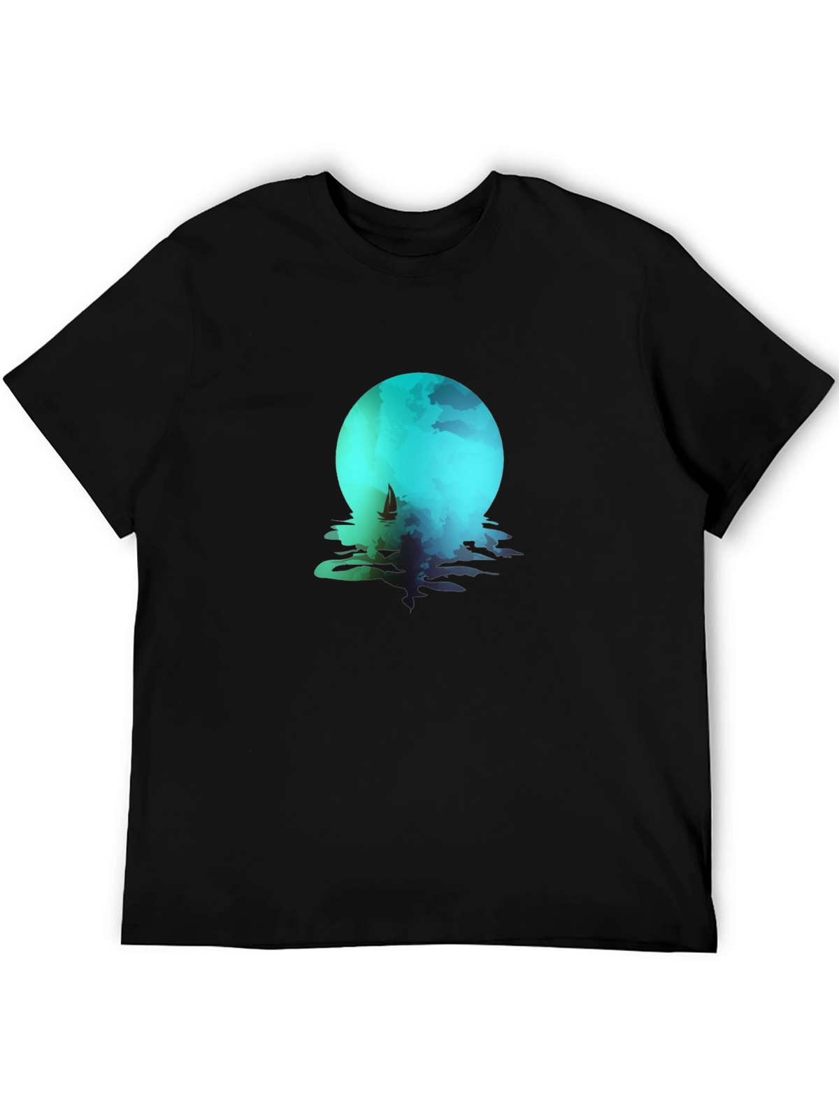 Moonlit Sailboat Graphic Tee - Black Cotton Blend