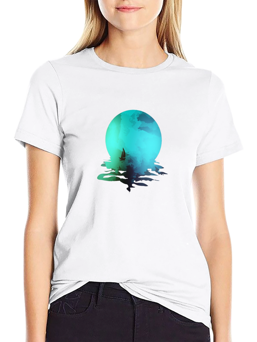 Moonlit Sailboat Graphic Tee - Black Cotton Blend