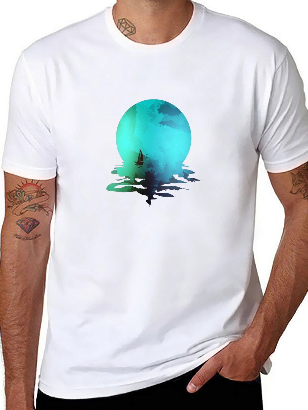 Moonlit Sailboat Graphic Tee - Black Cotton Blend