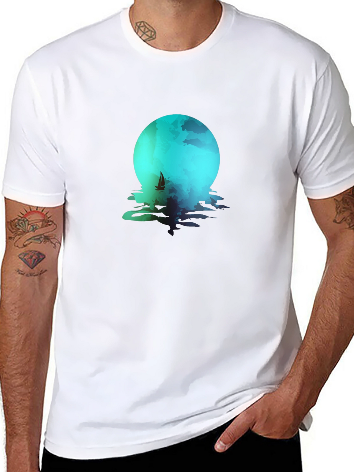 Moonlit Sailboat Graphic Tee - Black Cotton Blend