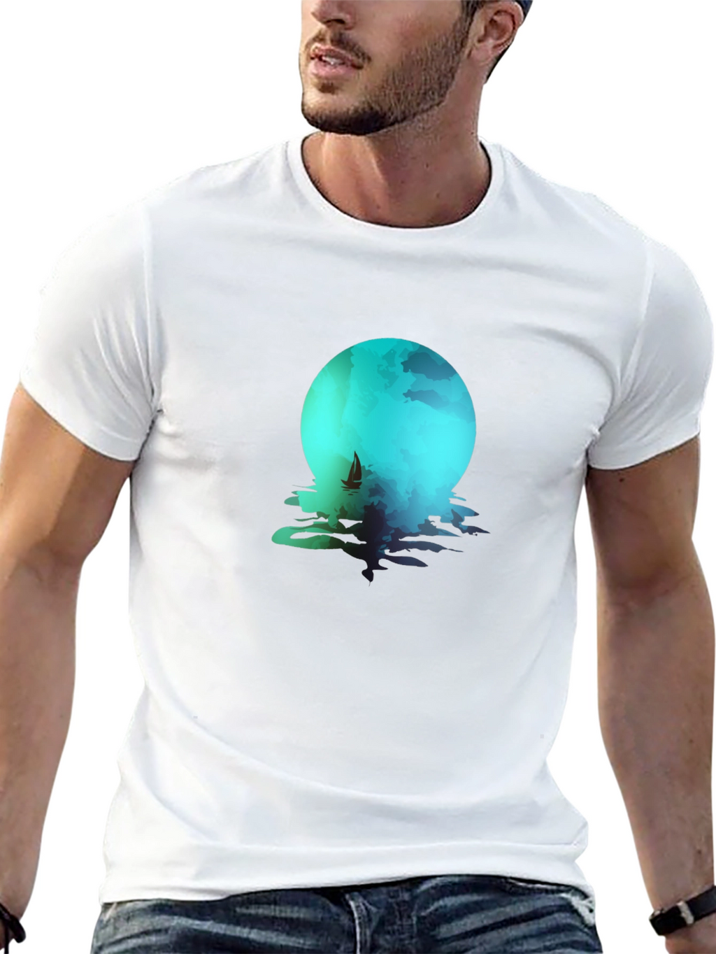 Moonlit Sailboat Graphic Tee - Black Cotton Blend