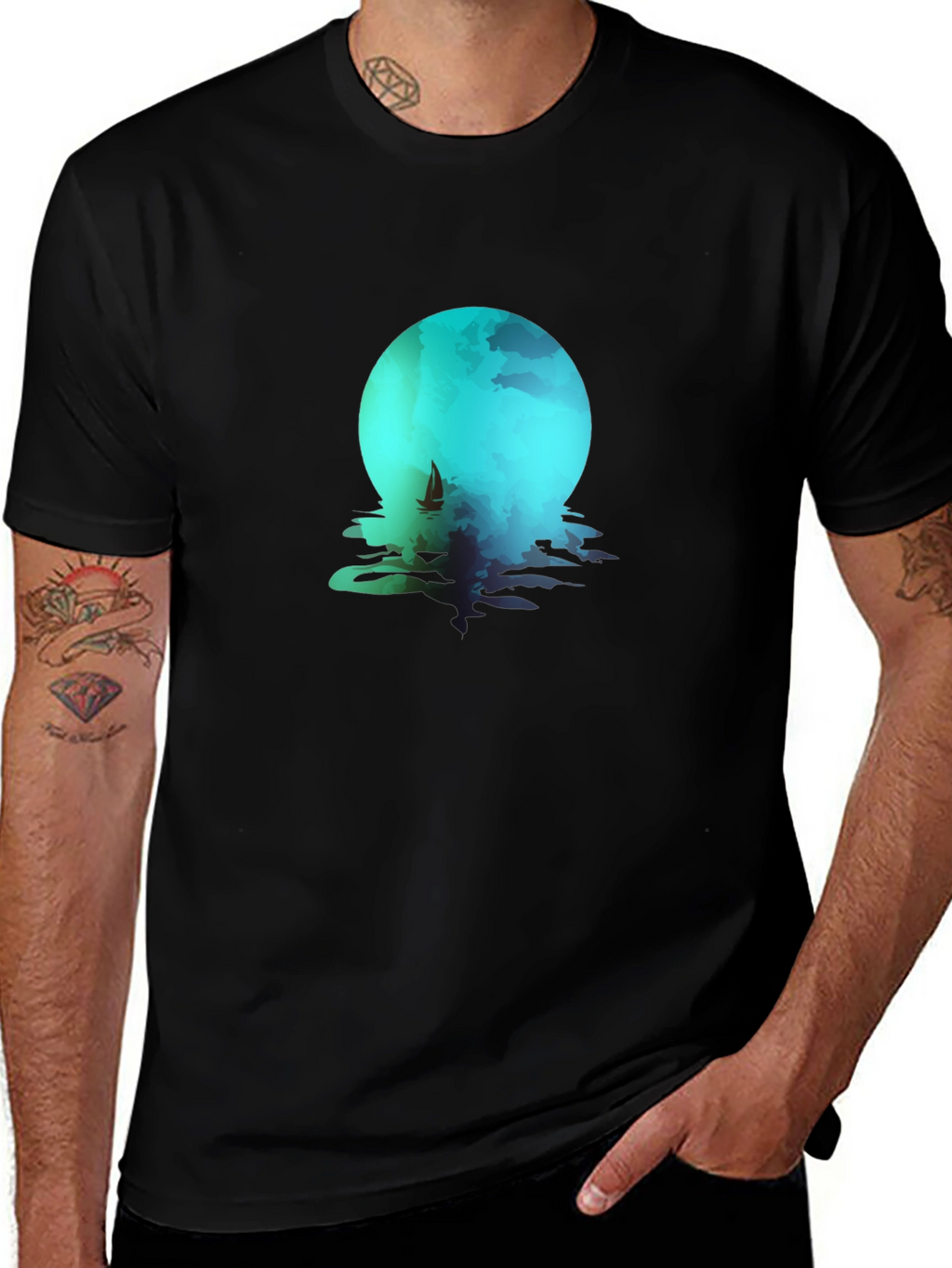 Moonlit Sailboat Graphic Tee - Black Cotton Blend