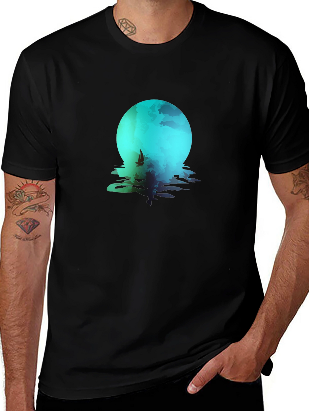 Moonlit Sailboat Graphic Tee - Black Cotton Blend