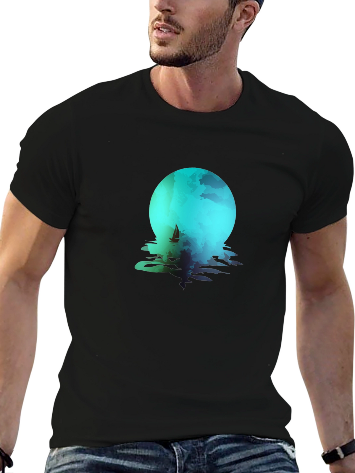 Moonlit Sailboat Graphic Tee - Black Cotton Blend