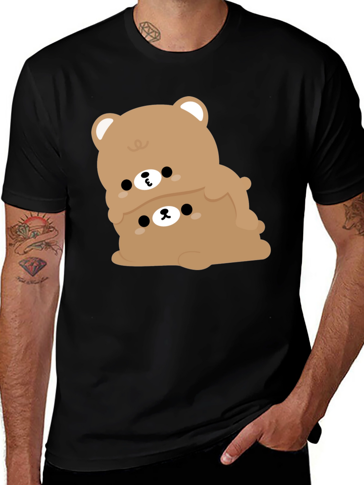 Cute Bear Stack Graphic Black T-Shirt