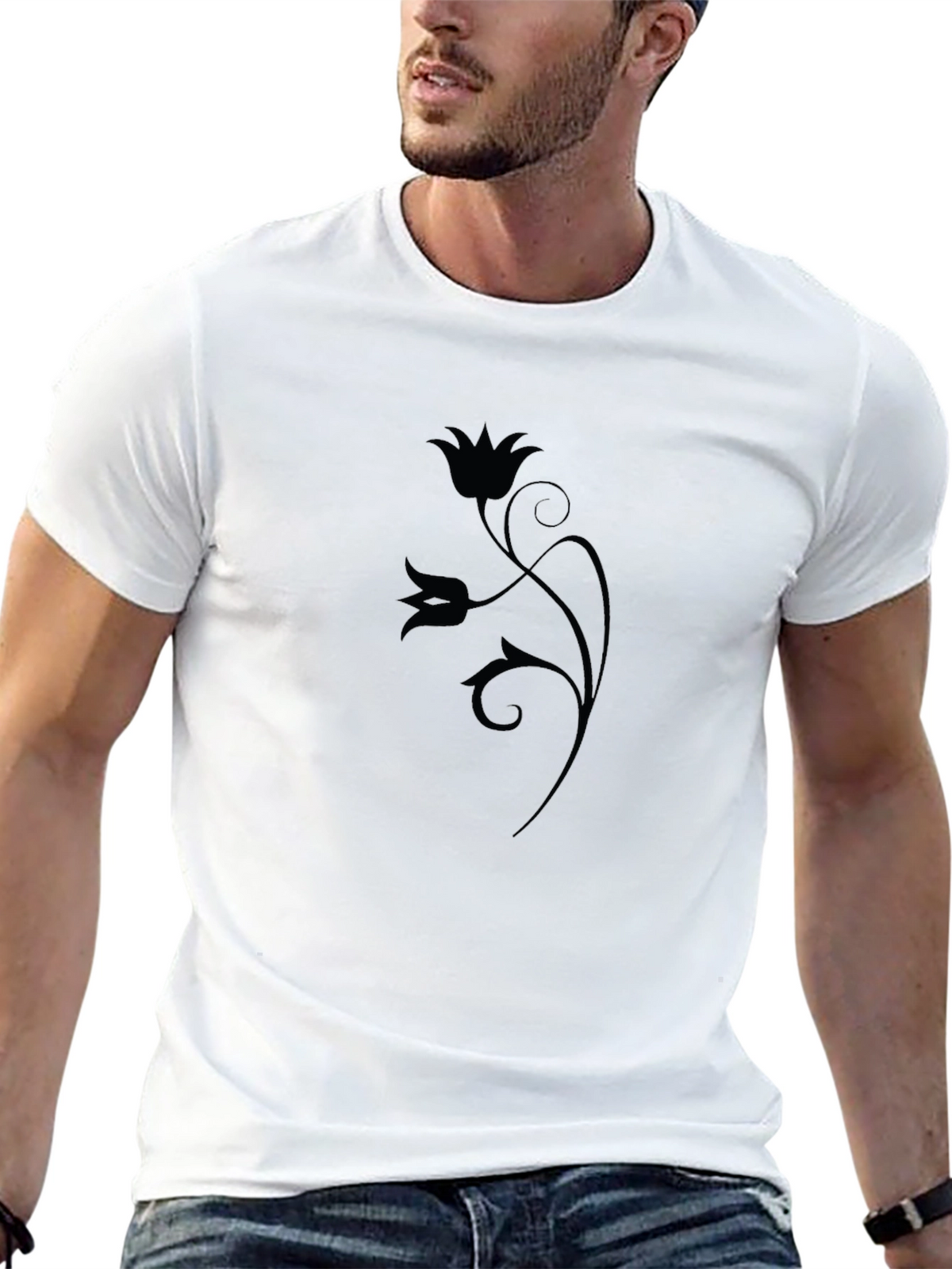 Elegant Floral Graphic Print Black T-Shirt