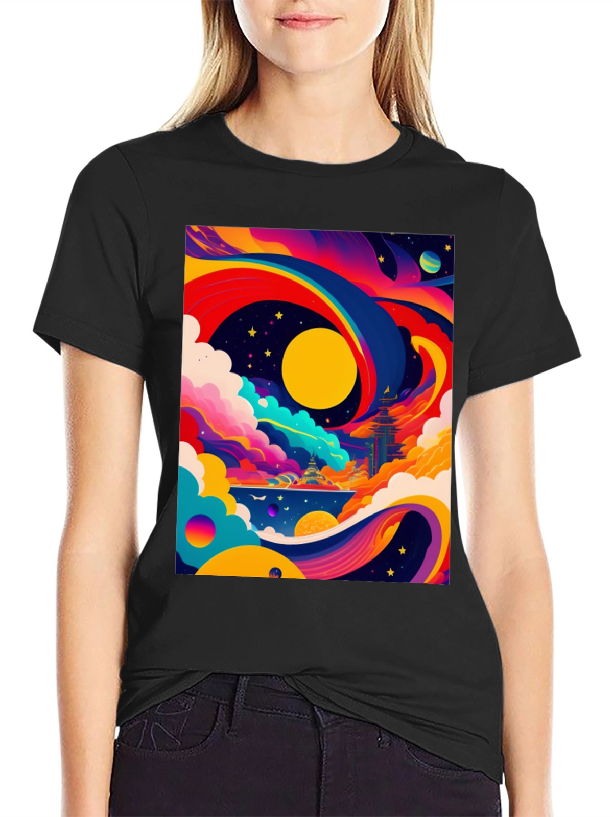 Vibrant Celestial Graphic Tee - Artistic Dreamscape