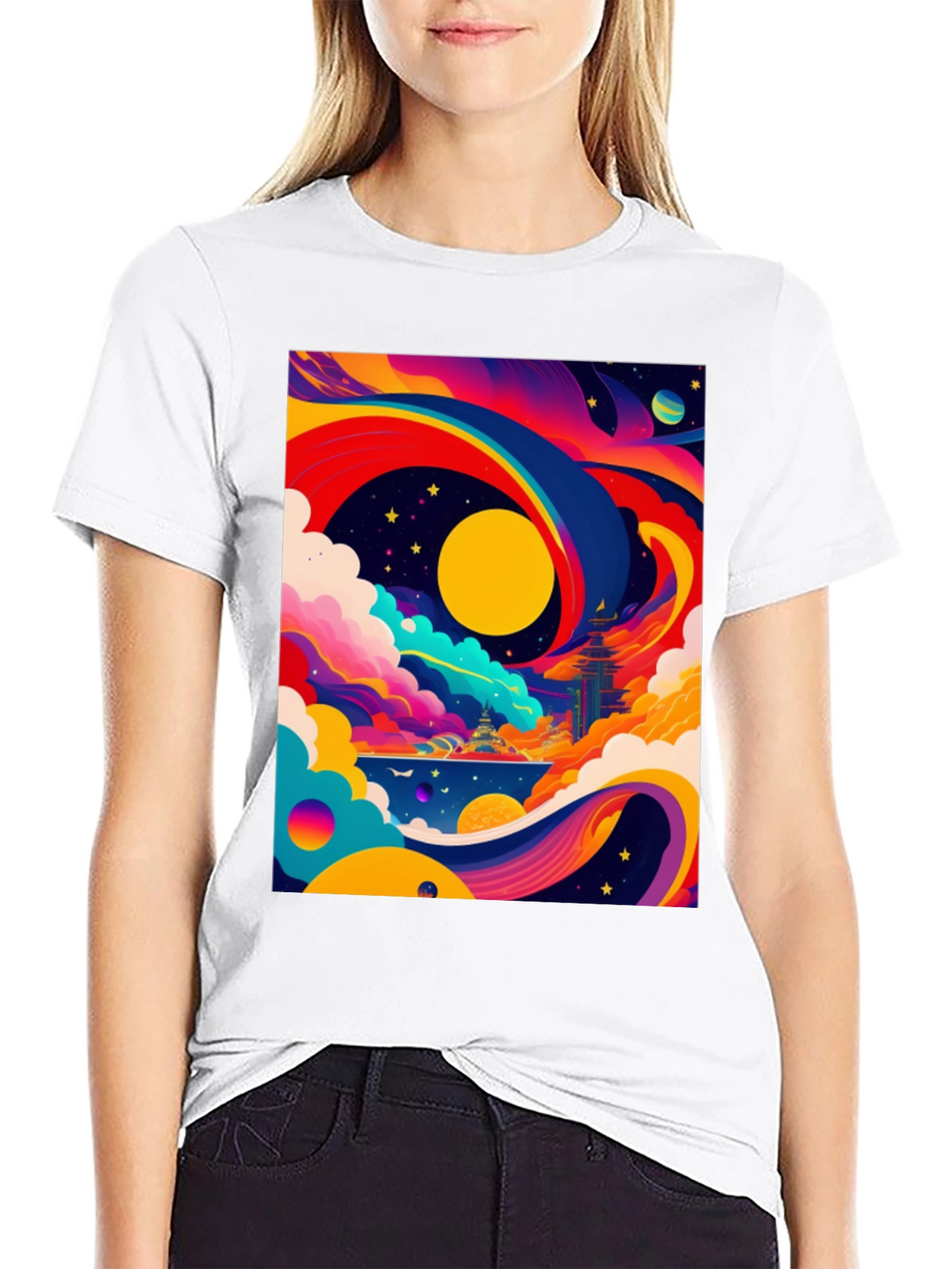 Vibrant Celestial Graphic Tee - Artistic Dreamscape