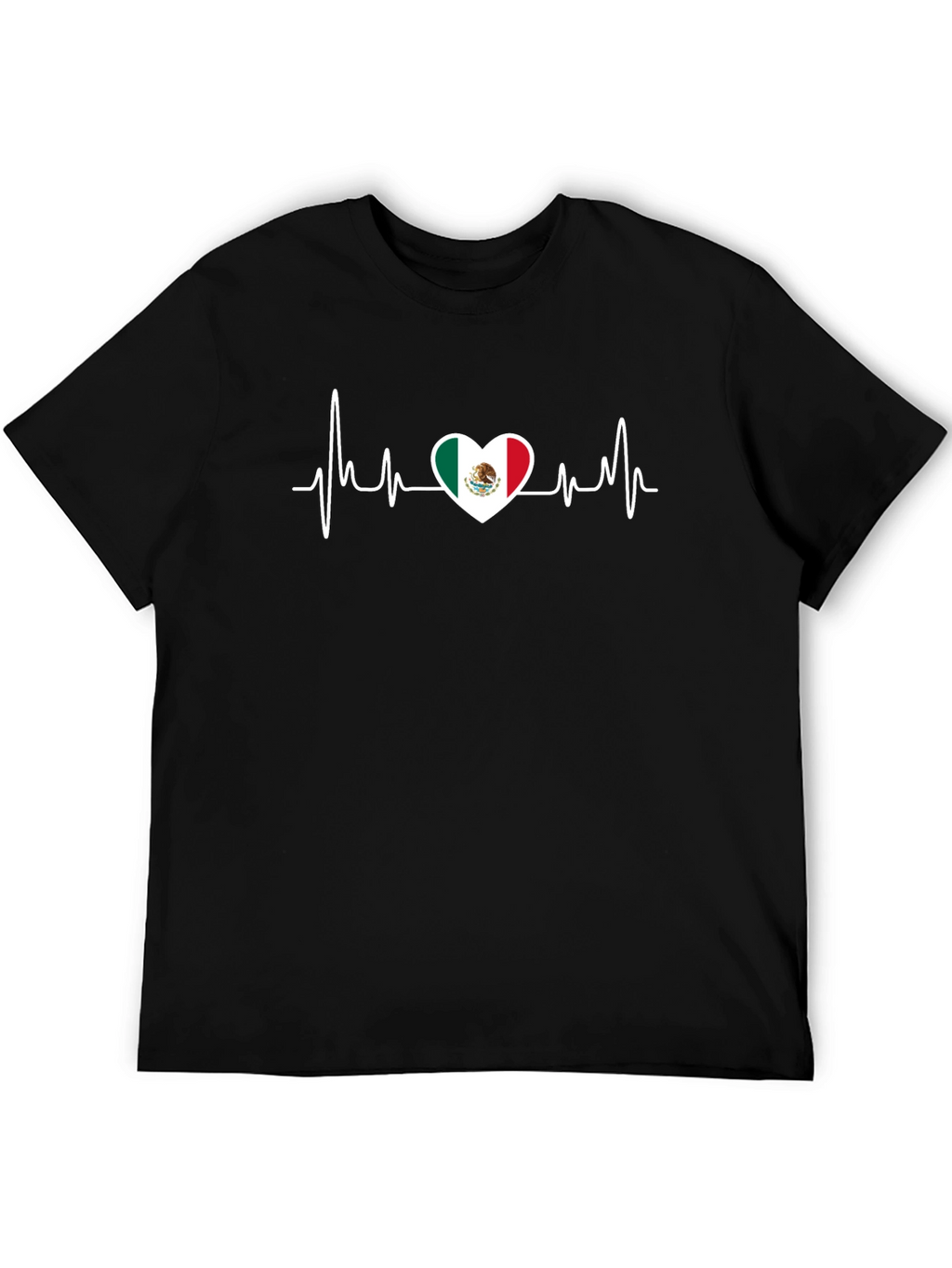 Mexico Flag Heartbeat Graphic Tee - Black Cotton T-Shirt