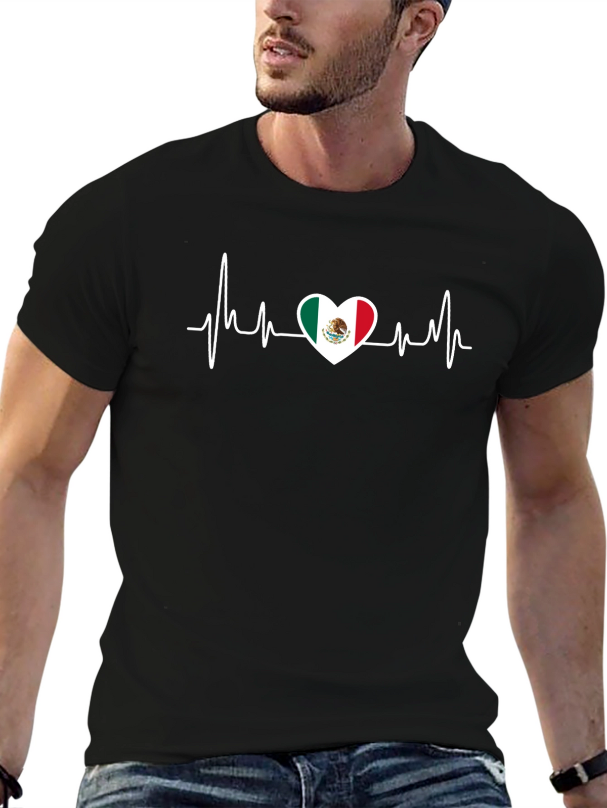 Mexico Flag Heartbeat Graphic Tee - Black Cotton T-Shirt