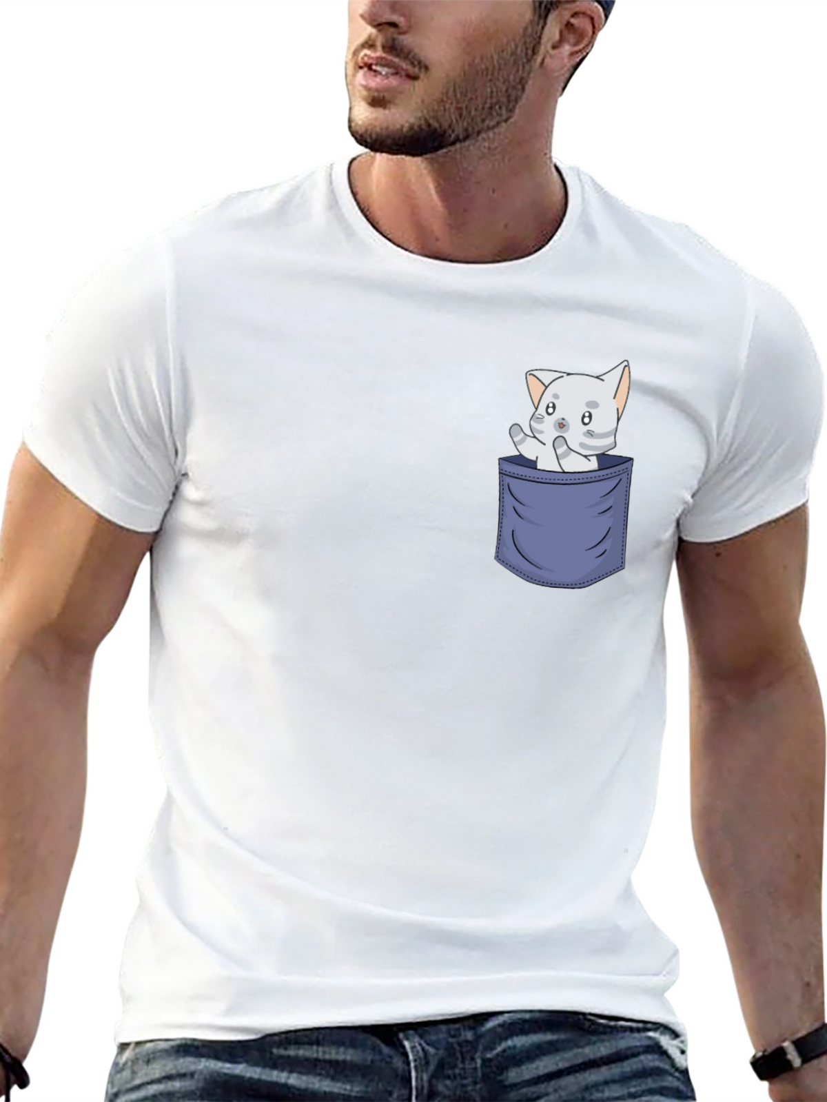 Cute Cat Pocket T-Shirt - Fun Graphic Tee