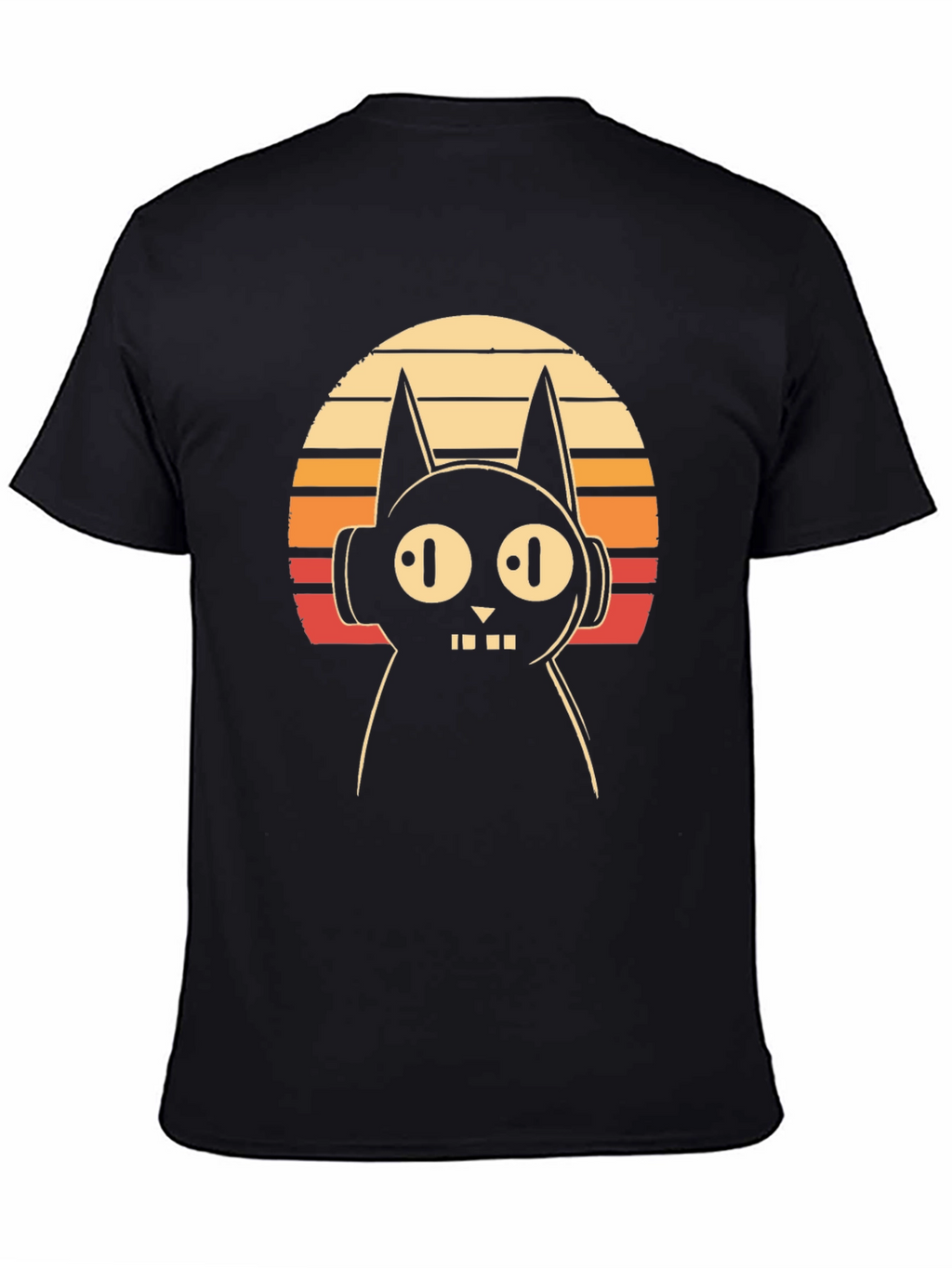 Retro Cat DJ Graphic Tee - Black Cotton T-Shirt