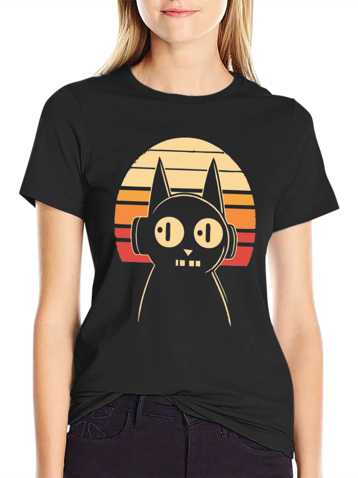 Retro Cat DJ Graphic Tee - Black Cotton T-Shirt