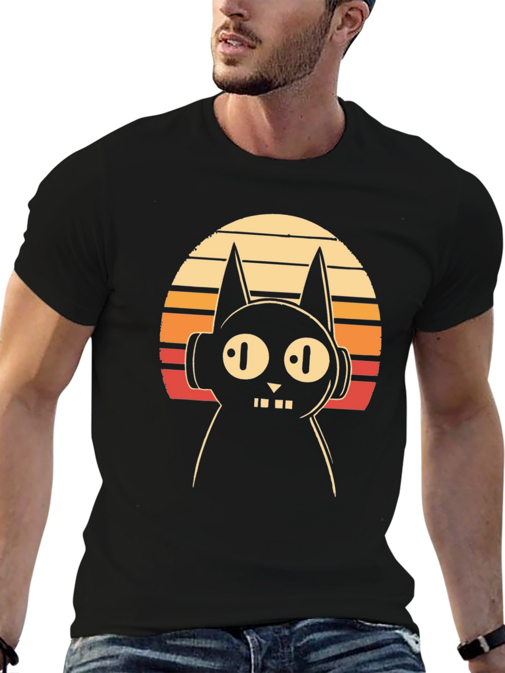 Retro Cat DJ Graphic Tee - Black Cotton T-Shirt