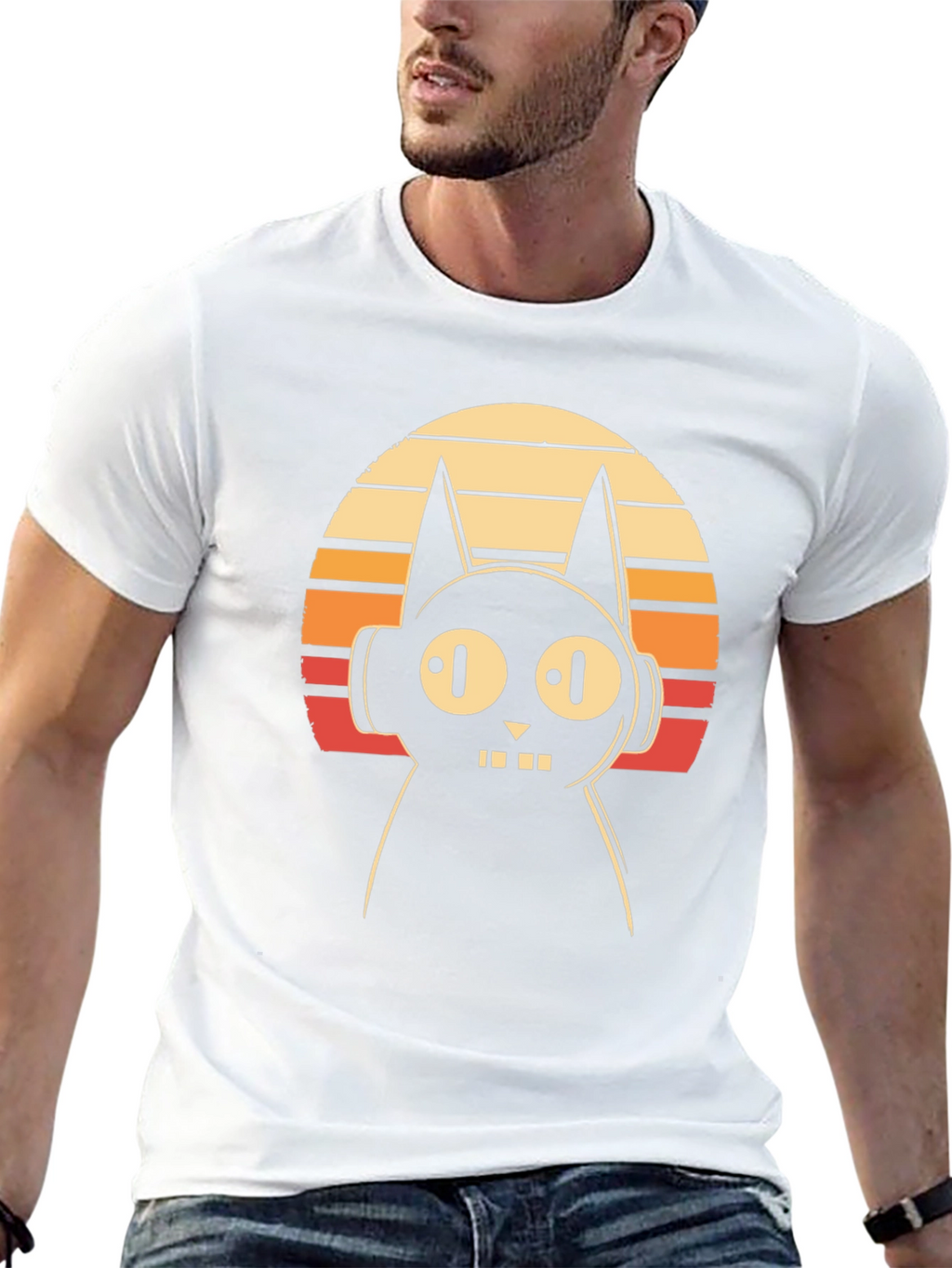 Retro Cat DJ Graphic Tee - Black Cotton T-Shirt