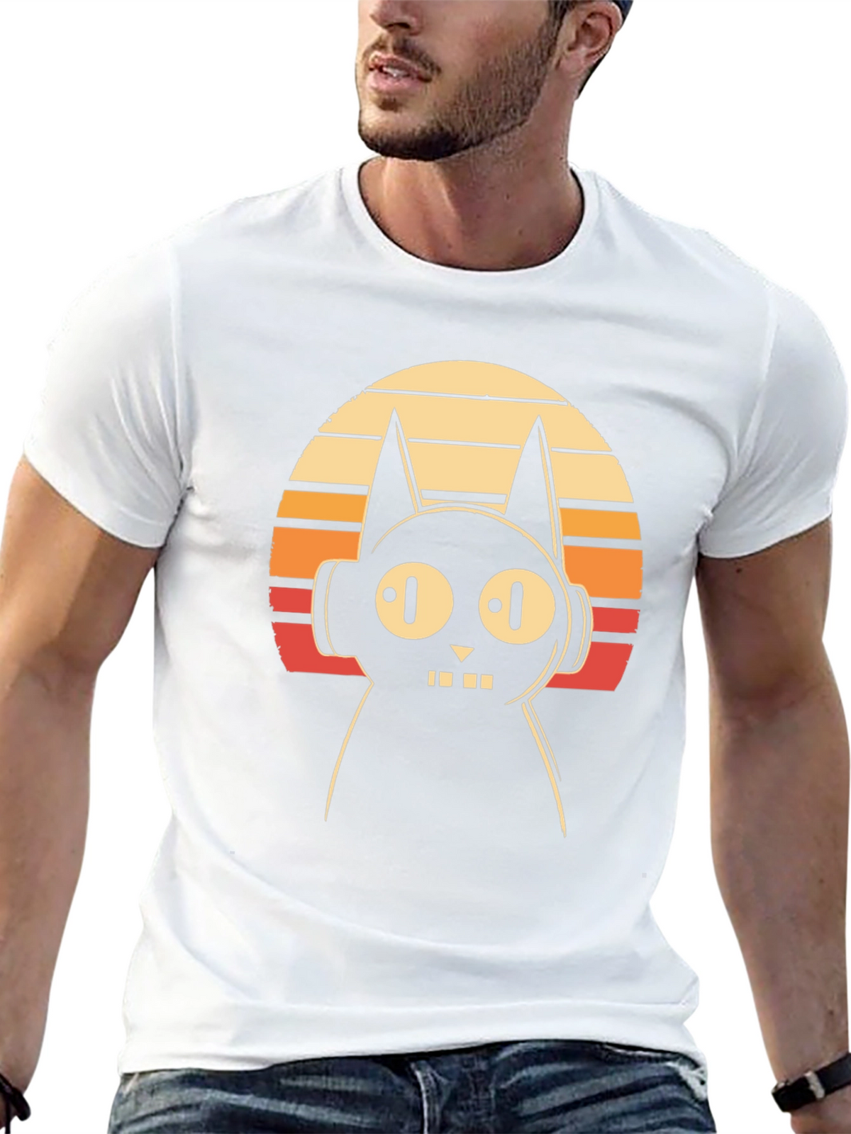 Retro Cat DJ Graphic Tee - Black Cotton T-Shirt