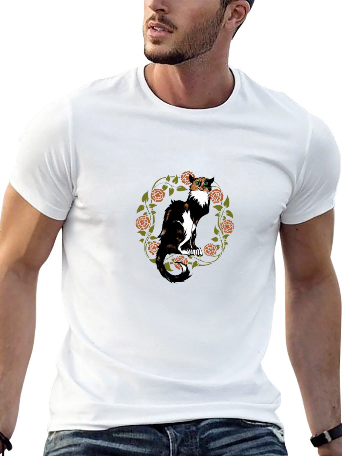 Calico Cat Floral Wreath T-Shirt