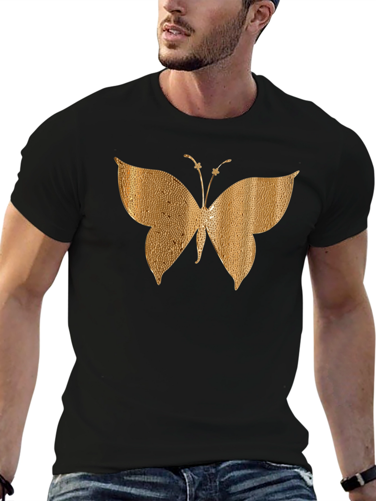 Gold Butterfly Graphic Black T-Shirt