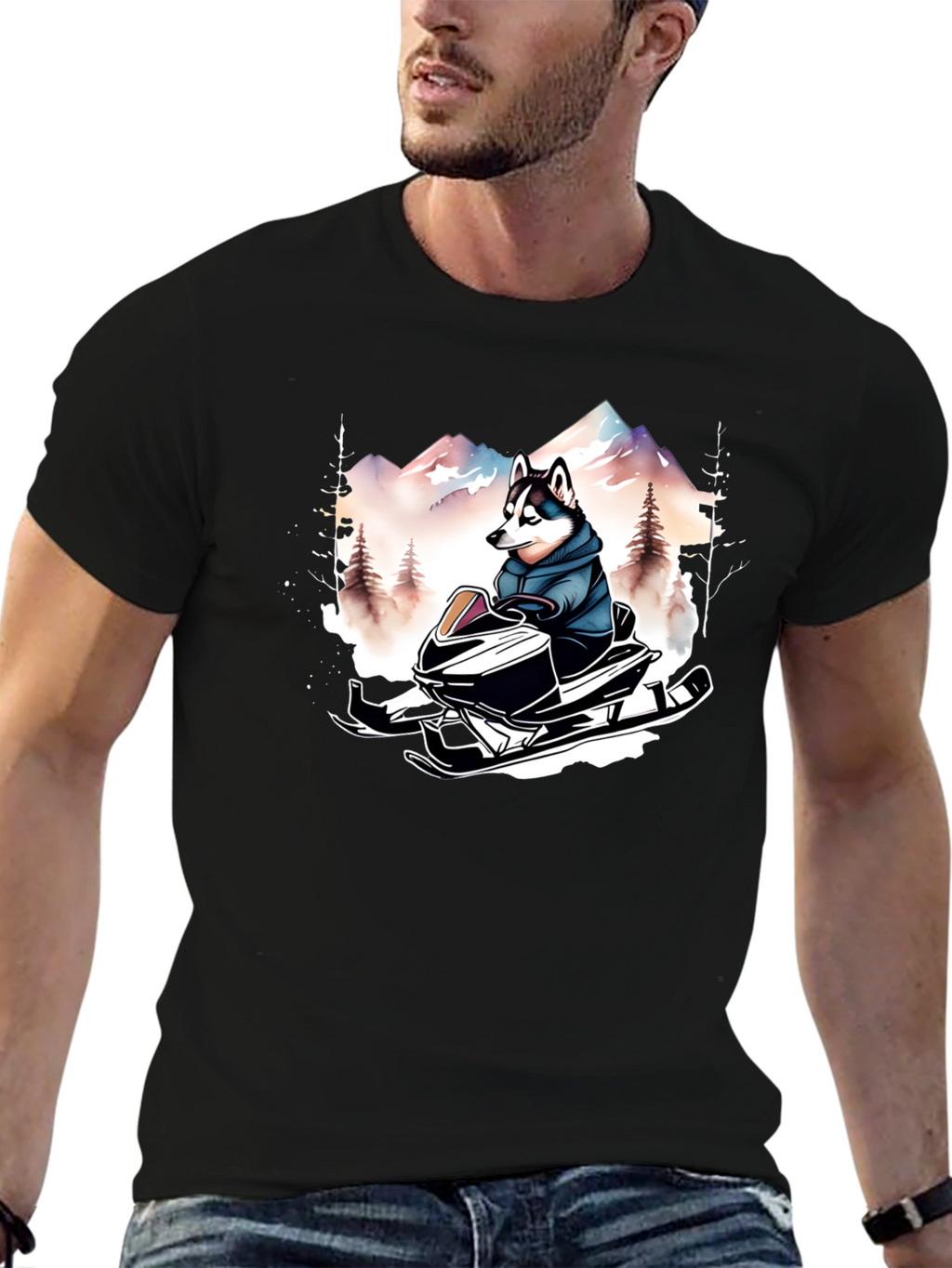 Husky on Snowmobile Graphic Tee
