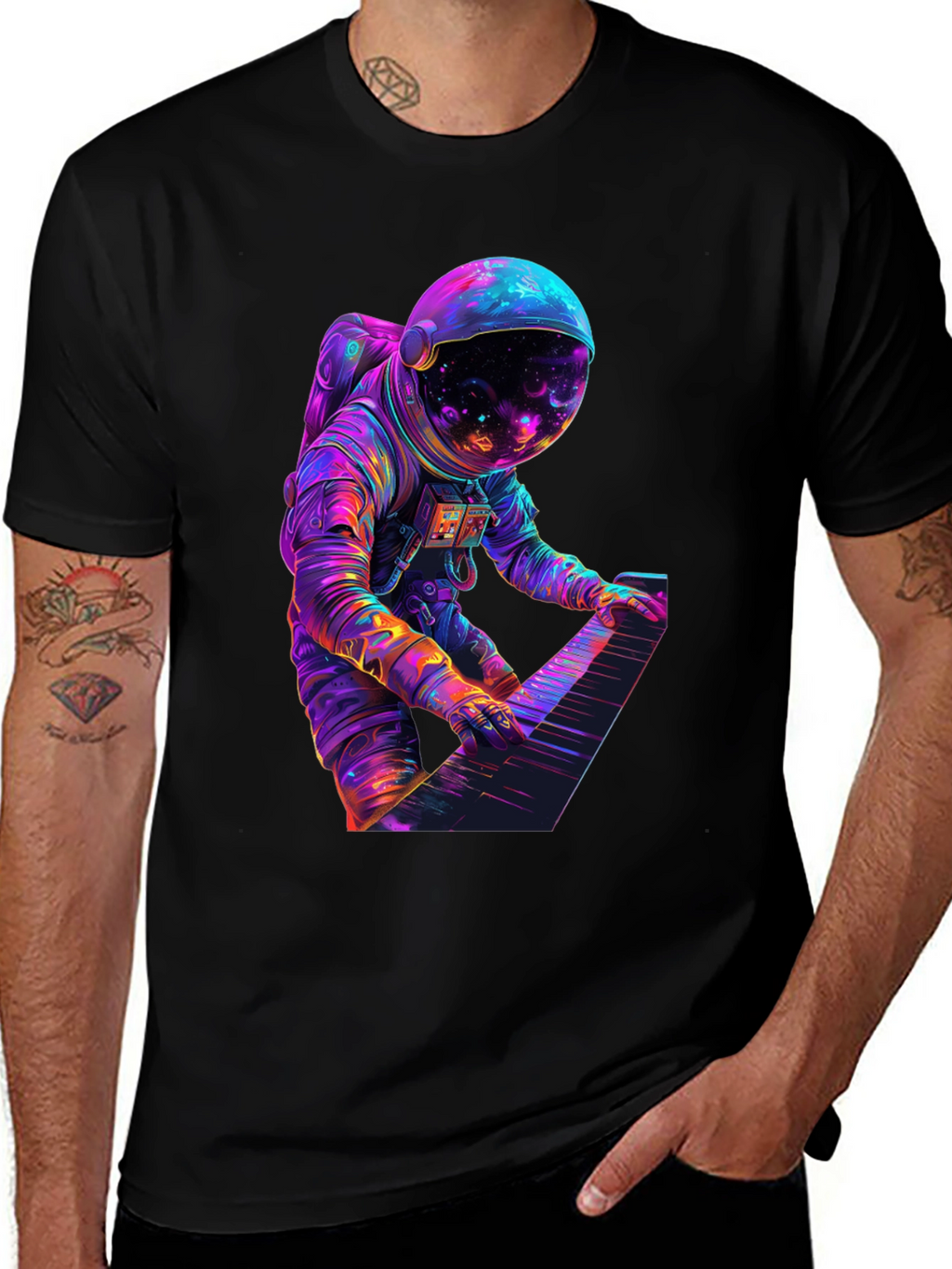 Astronaut Playing Piano Graphic Tee - Space Musician Shirt