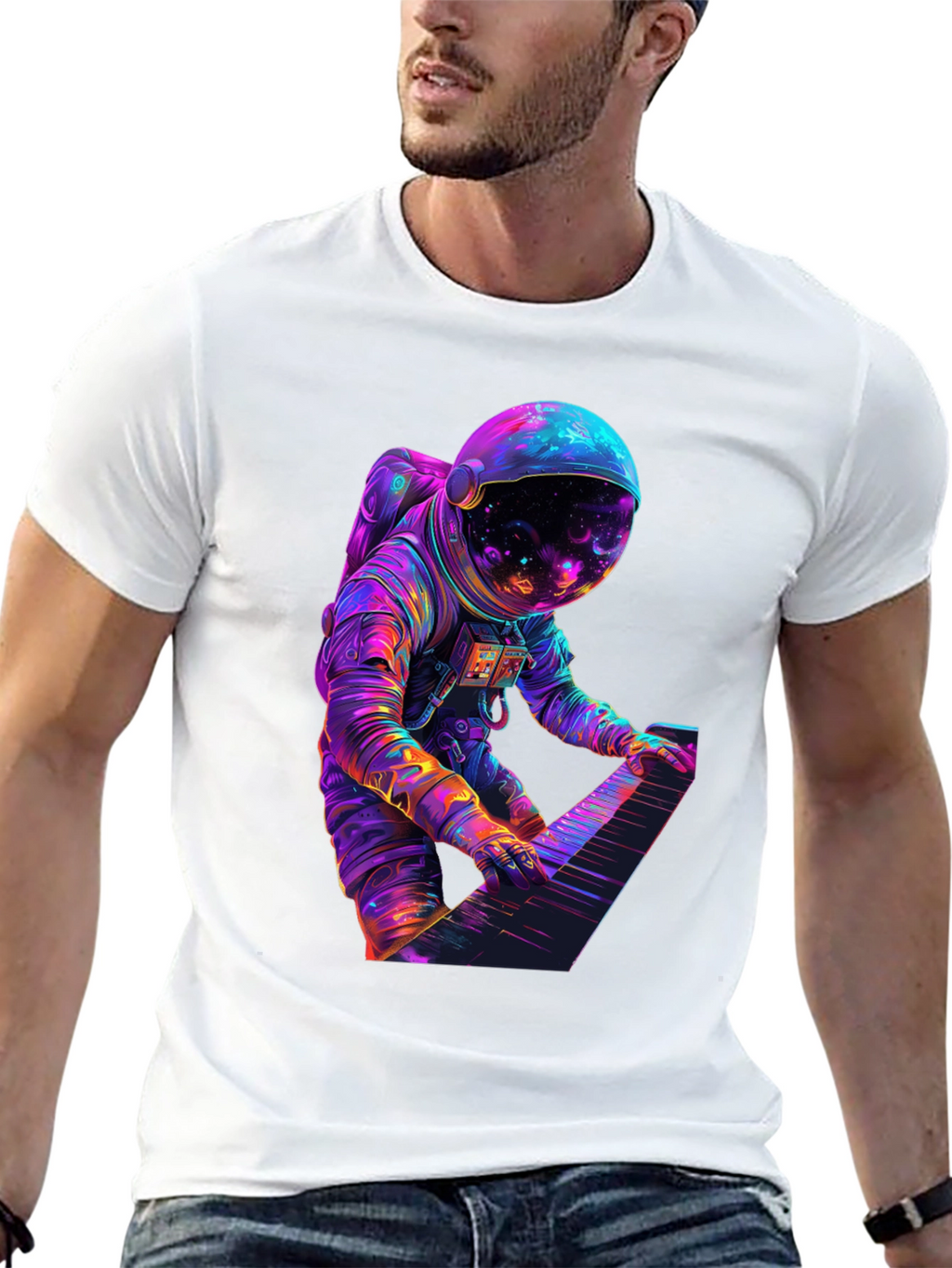 Astronaut Playing Piano Graphic Tee - Space Musician Shirt