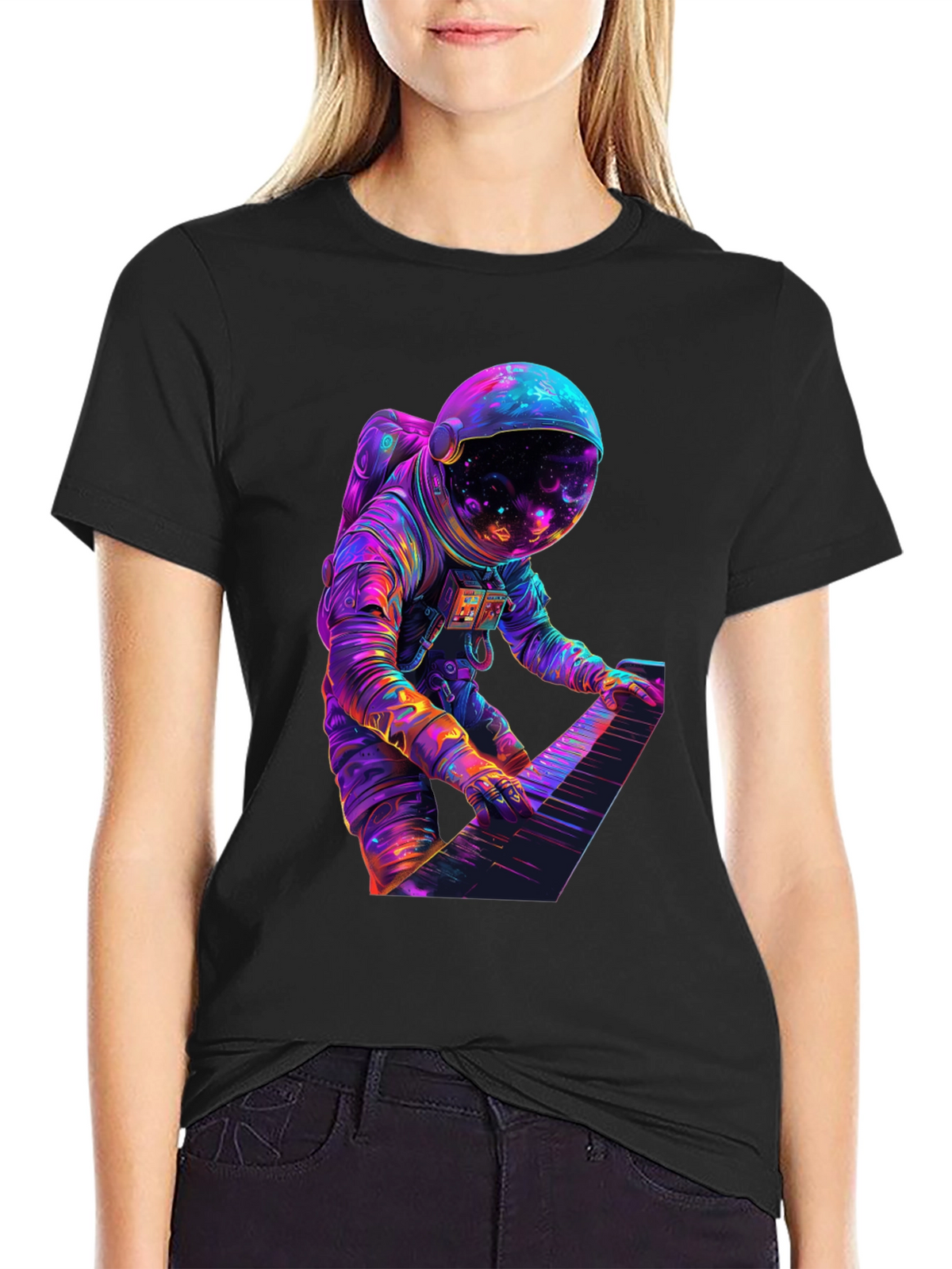 Astronaut Playing Piano Graphic Tee - Space Musician Shirt