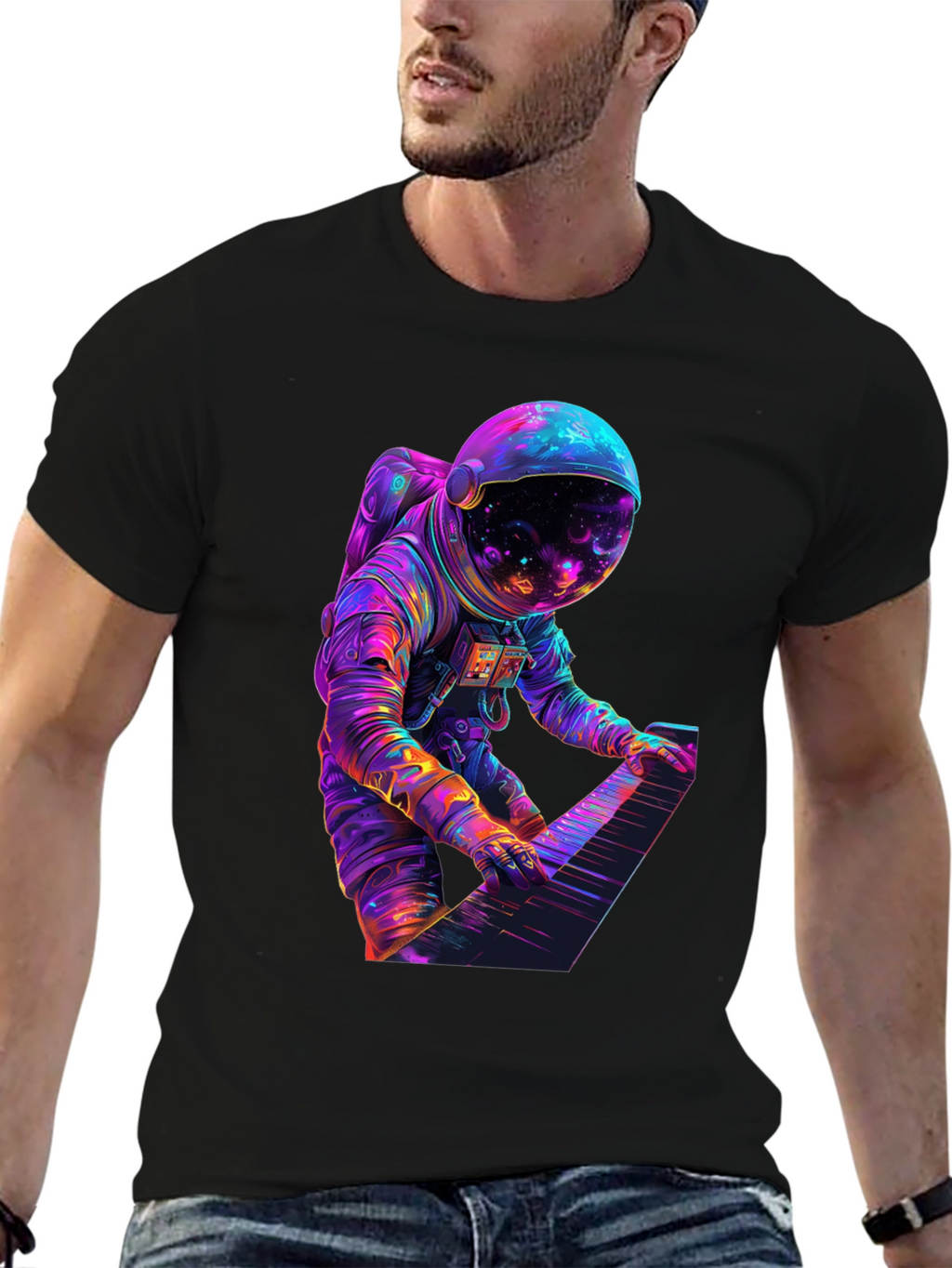 Astronaut Playing Piano Graphic Tee - Space Musician Shirt